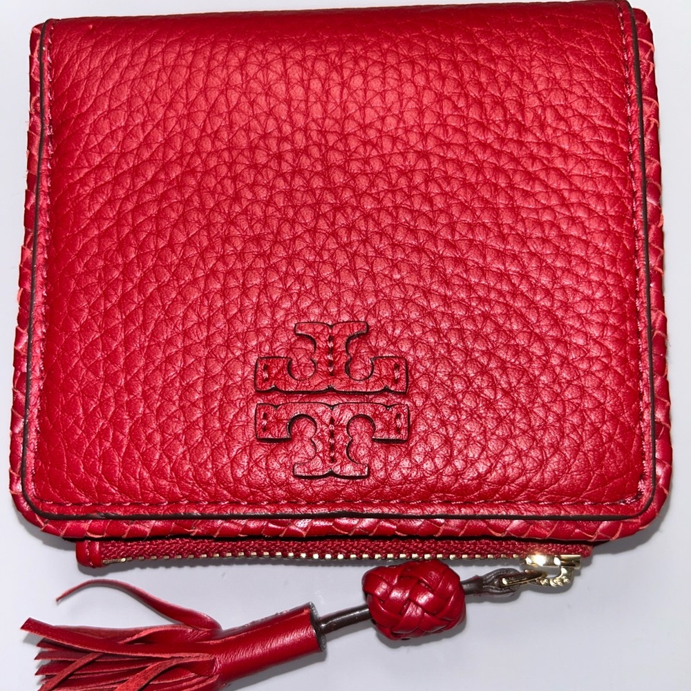 Tory Burch Red Pebbled Leather Zip Card Holder with Tassel - Picture 3 of 3